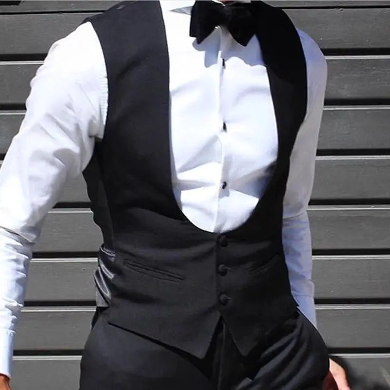 Black men's wedding waistcoat slim-fit with white dress shirt and bow tie