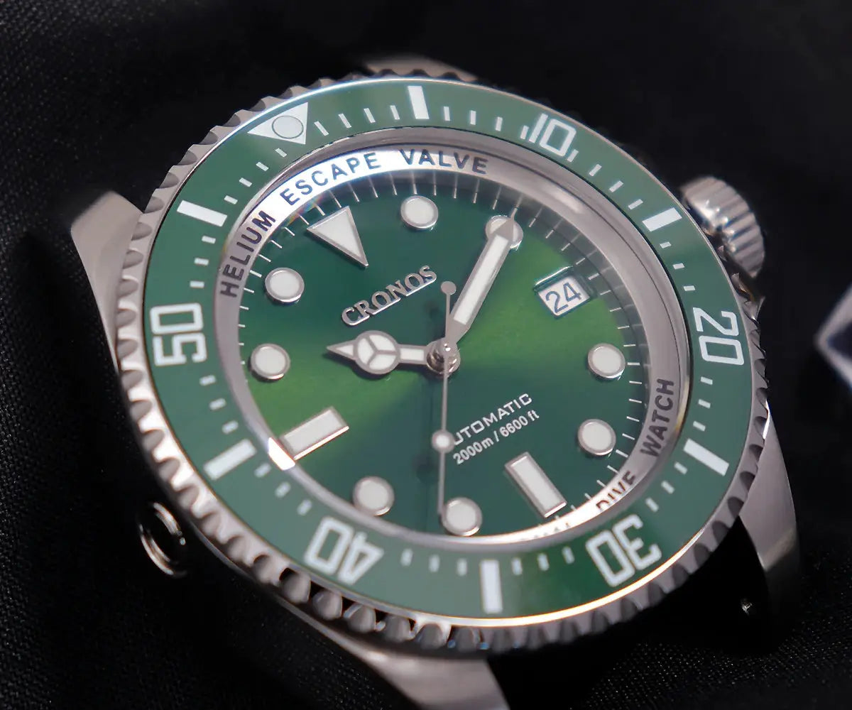 Cronos automatic diving watch with green dial and stainless steel bracelet, 2000m water resistance