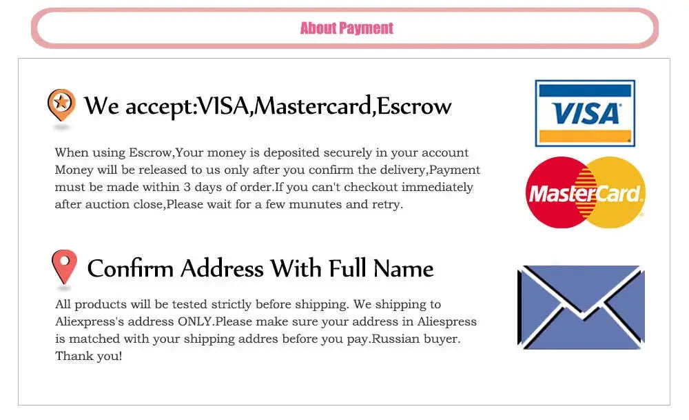 About Payment section with Visa and MasterCard logos, blue envelope icon, and a location pin for address confirmation.