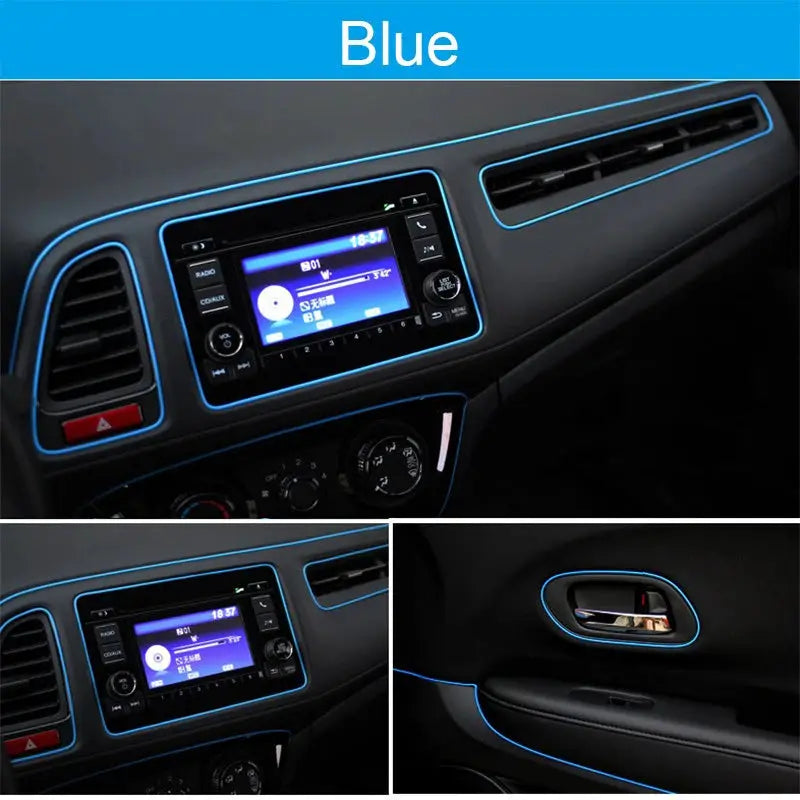 Blue flexible car interior moulding strip for dashboard and door edges; universal fit, lengths 1m/3m/5m
