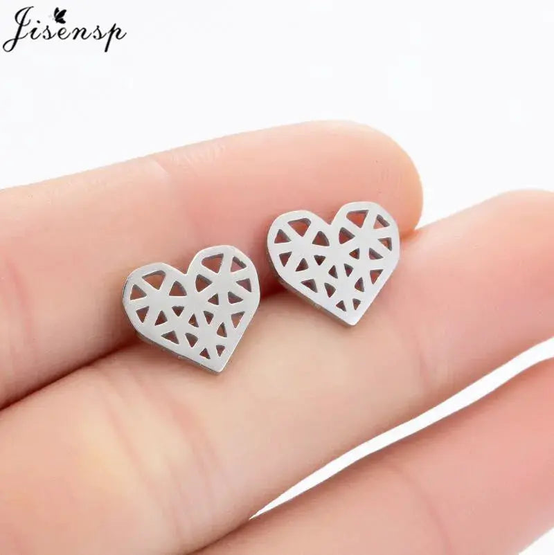 Stainless steel heart-shaped stud earrings with lattice cutouts, 2-piece Lisensp pair