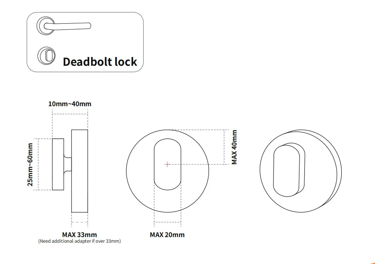 Deadbolt lock installation diagram with side and front views and mounting dimensions