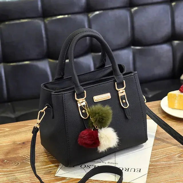 Yogodlns Beading Pendant Handbag Soft PU Leather Embossed Detailing Hairball Pendants Casual Tote With Compartments
