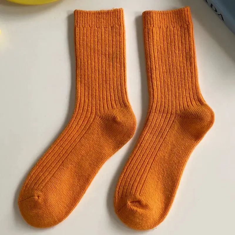 CHAOZHU Thick Warm Merino Wool Rib Socks For Women Solid Colors Loose Fit Japanese Korea Fashion Winter
