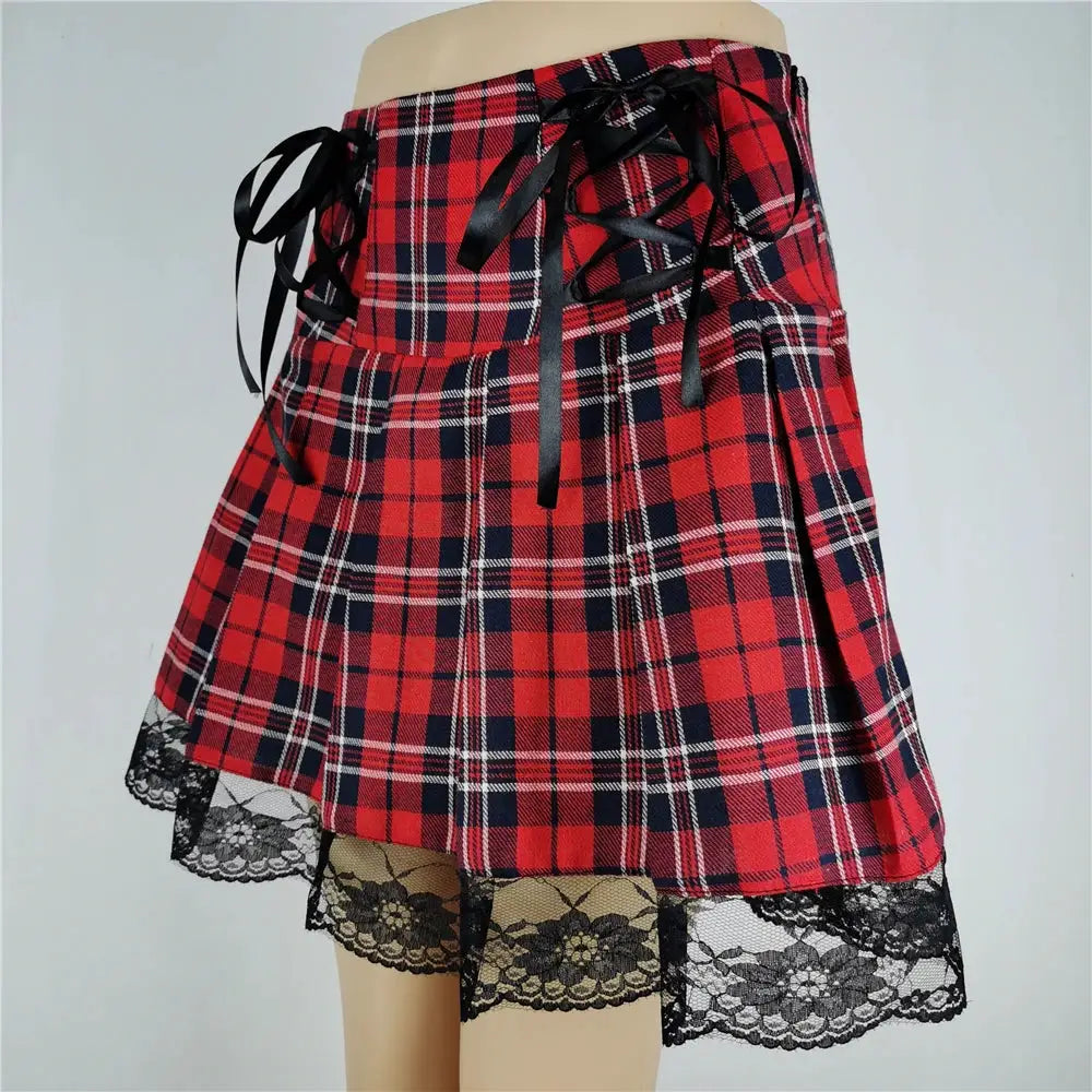 Harajuku punk gothic plaid high-waist mini skirt with black lace hem and side ribbon lacing by Simples Market