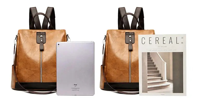 Backpacks set of two brown PU leather anti-theft women's travel bags
