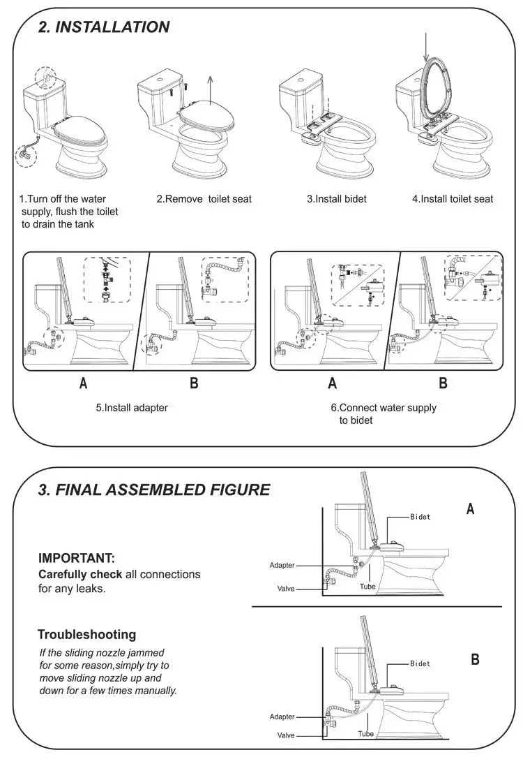 Simples Market bidet toilet seat attachment installation guide with 6 steps and final assembled figure showing adapter, valve and tube connections.
