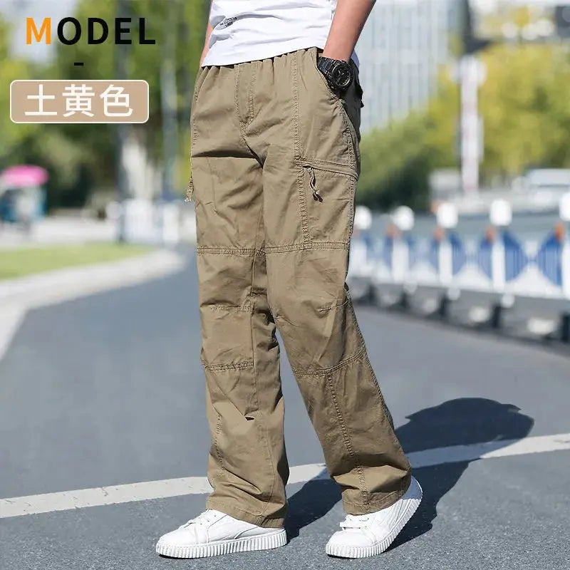 Men's khaki cotton cargo pants with multiple pockets, size 6XL, casual workwear trousers.