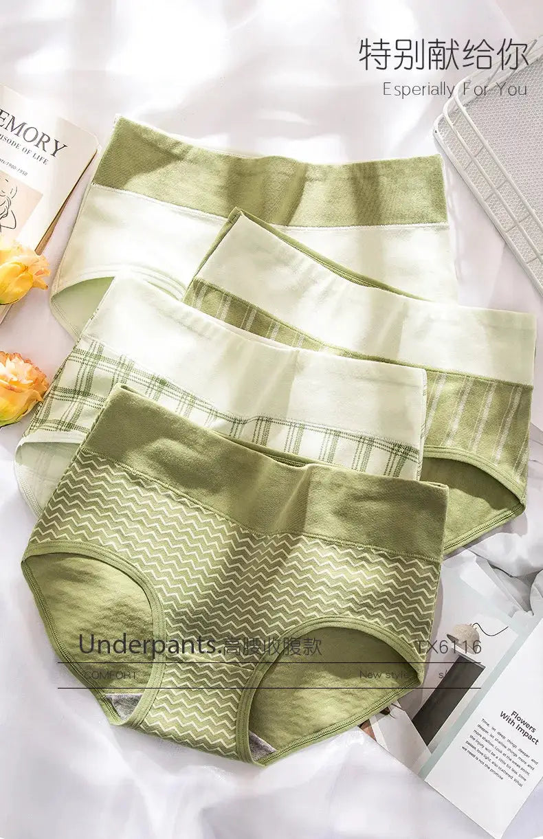 Four green and white cotton high-waist women's underwear with solid, plaid, and chevron patterns