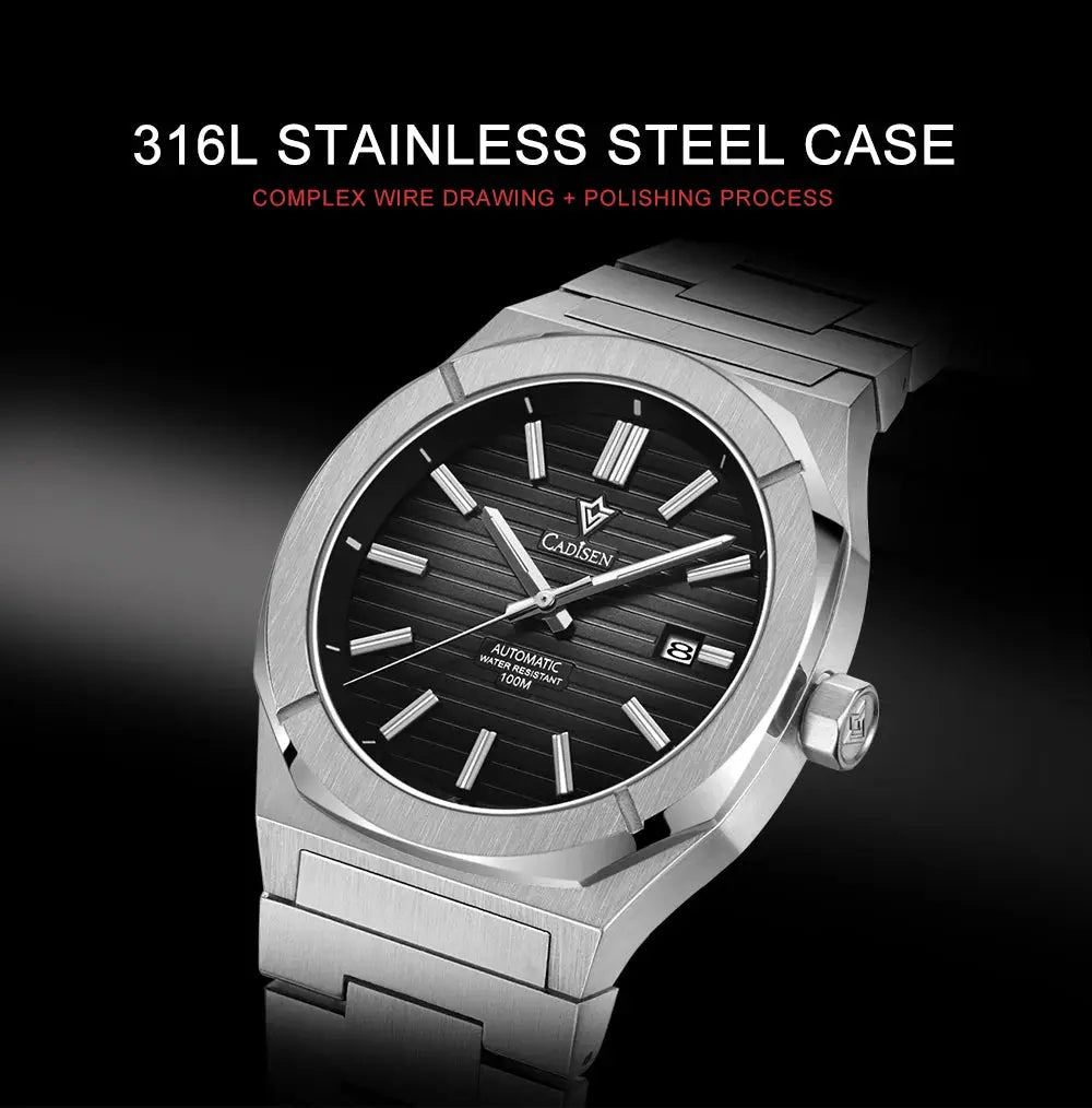 CADISEN diver watch with black striped dial, stainless steel case and bracelet, automatic movement, 100m water resistant