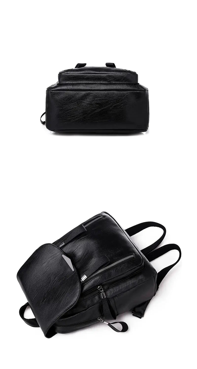 Yogodlns black PU leather backpack with large capacity and double zippers