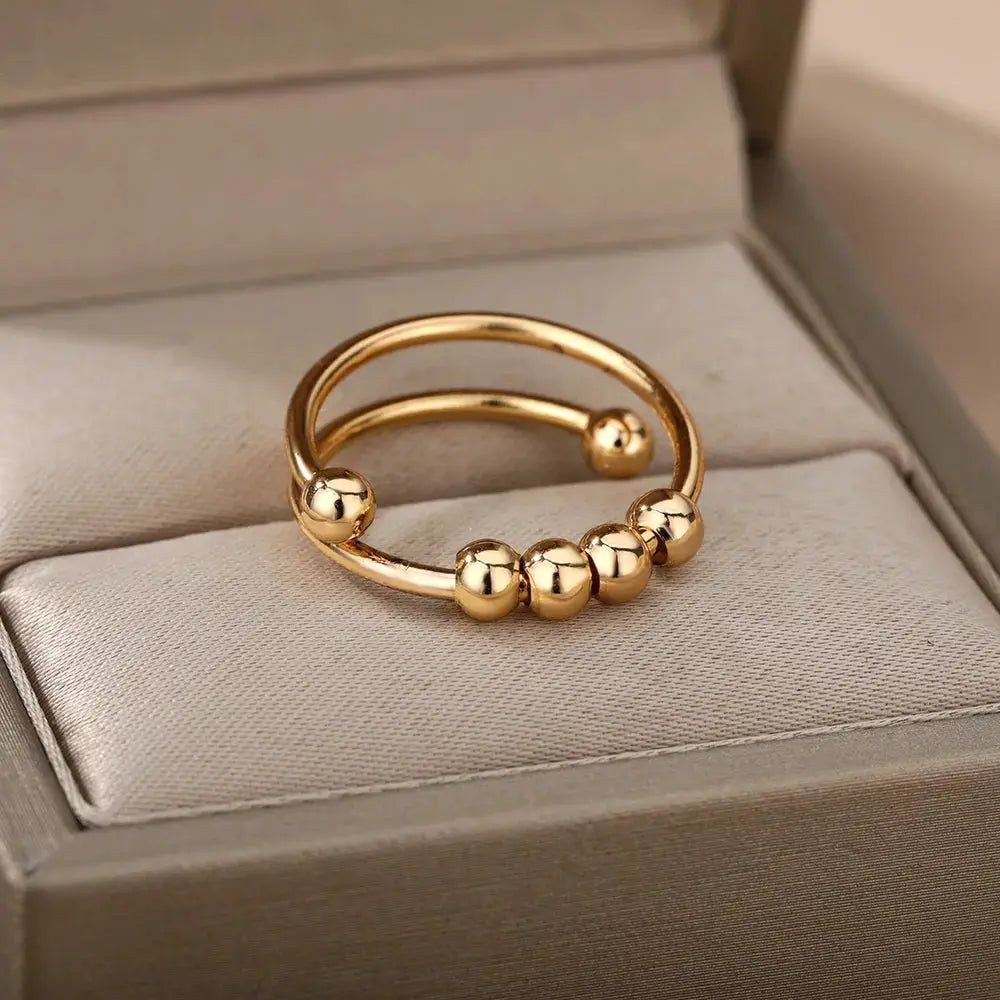 Adjustable Stainless Steel Spinner Ring For Women Anxiety Relief Beads Freely Rotating Anti Stress Jewelry Gift