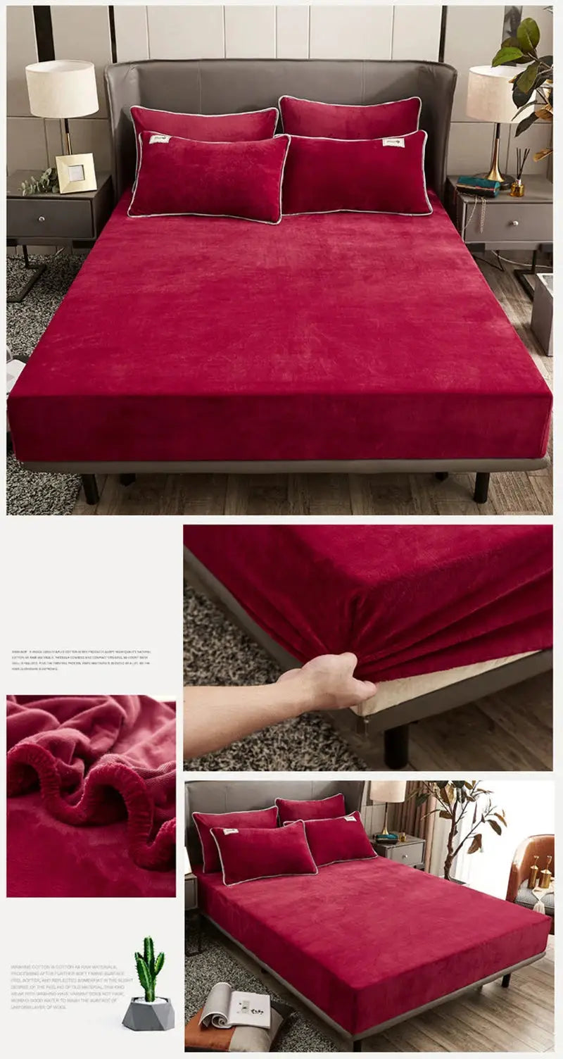 AISIRUI plush fitted sheet in deep red coral fleece with 4 velvet cushions on a double bed