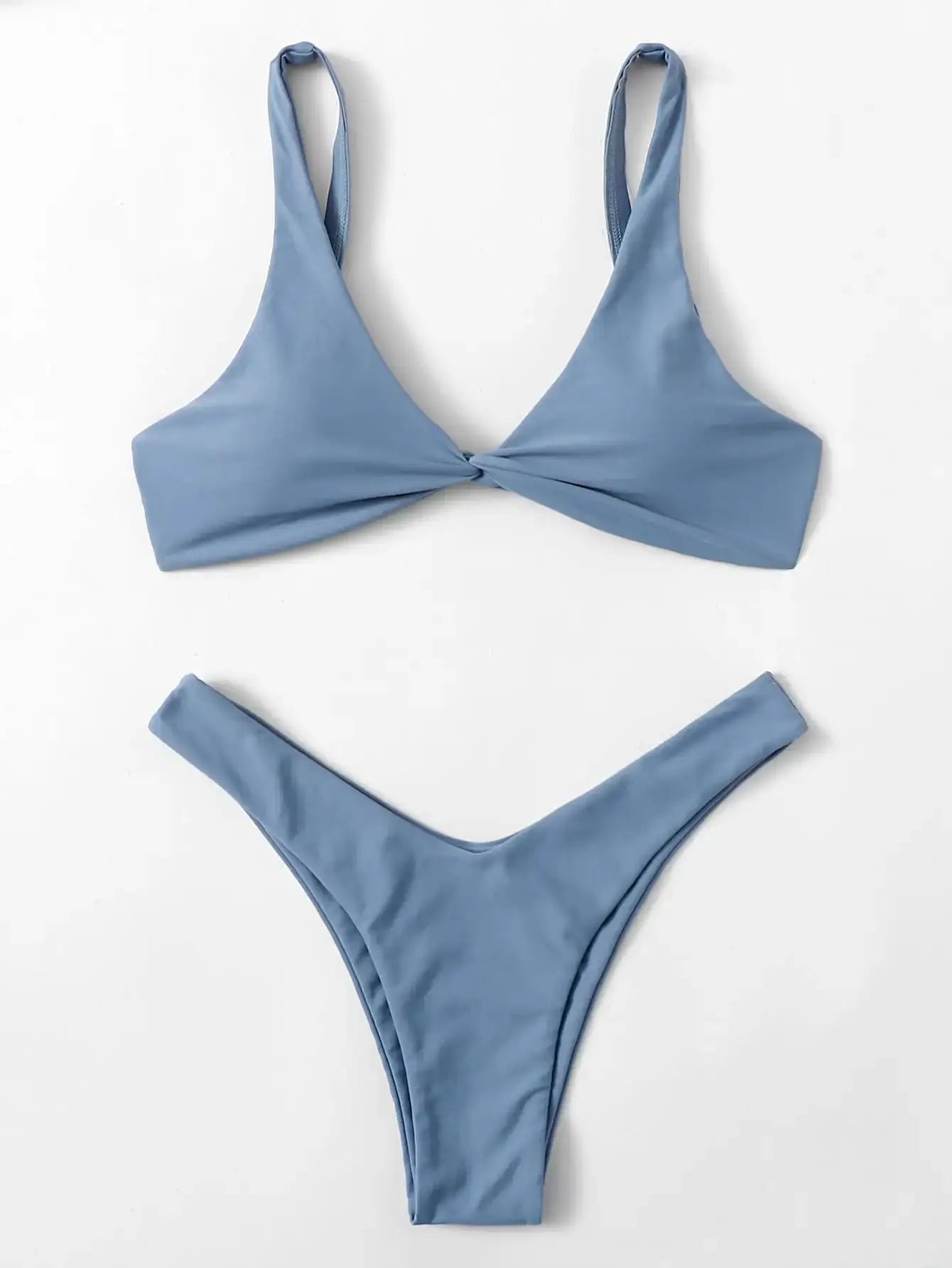 Blue solid bikini set with twist-front padded top and high-leg bottom by Simples Market