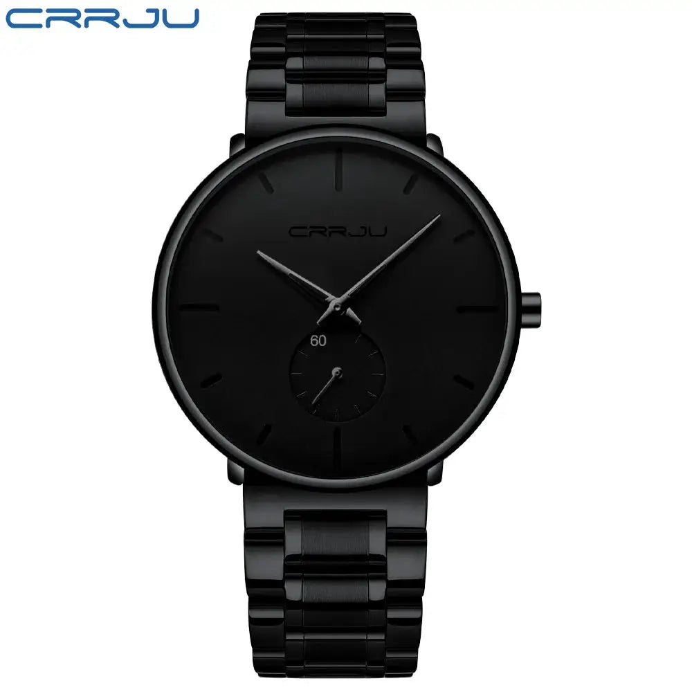 CRRJU men's black stainless steel wristwatch with a minimalist dial and metal bracelet