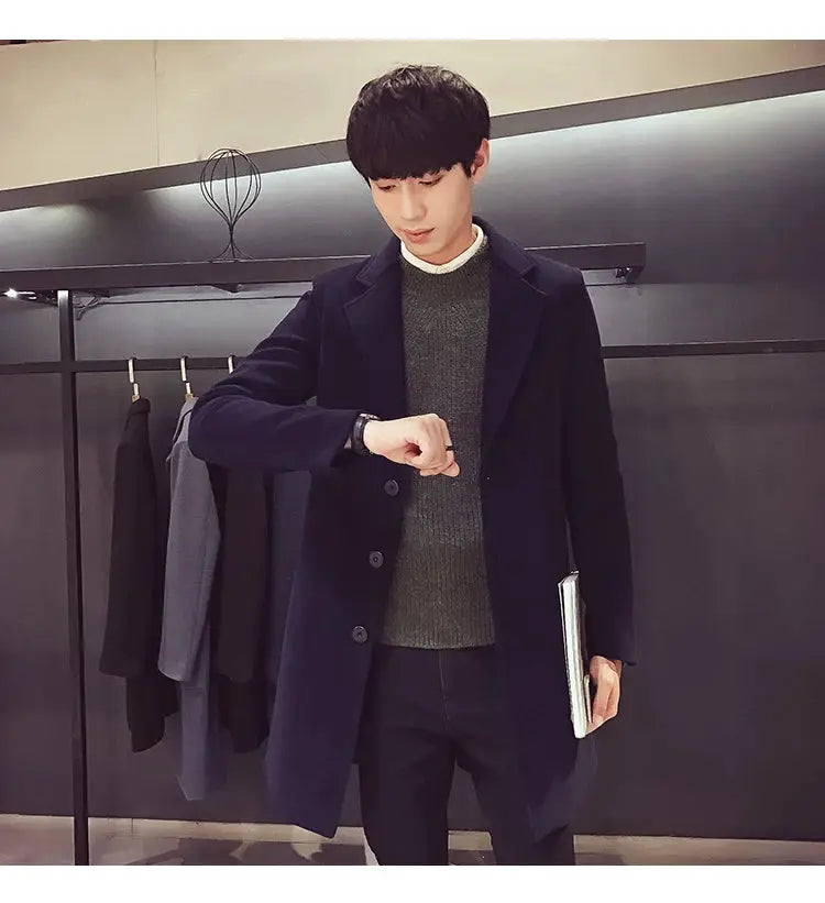 Simples Market men's navy long wool-blend coat for business casual, slim fit