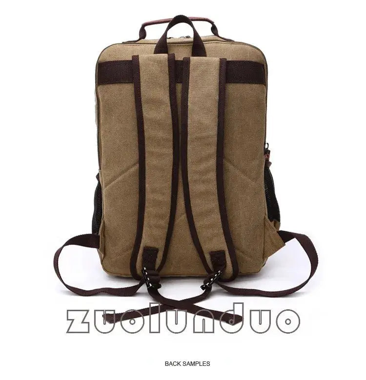 Vintage canvas backpack for men, tan with dark brown straps, top handle, large-capacity travel laptop bag