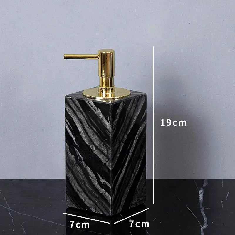 Simples Market marble bathroom soap dispenser with gold pump in black and white veined stone, 19 cm tall