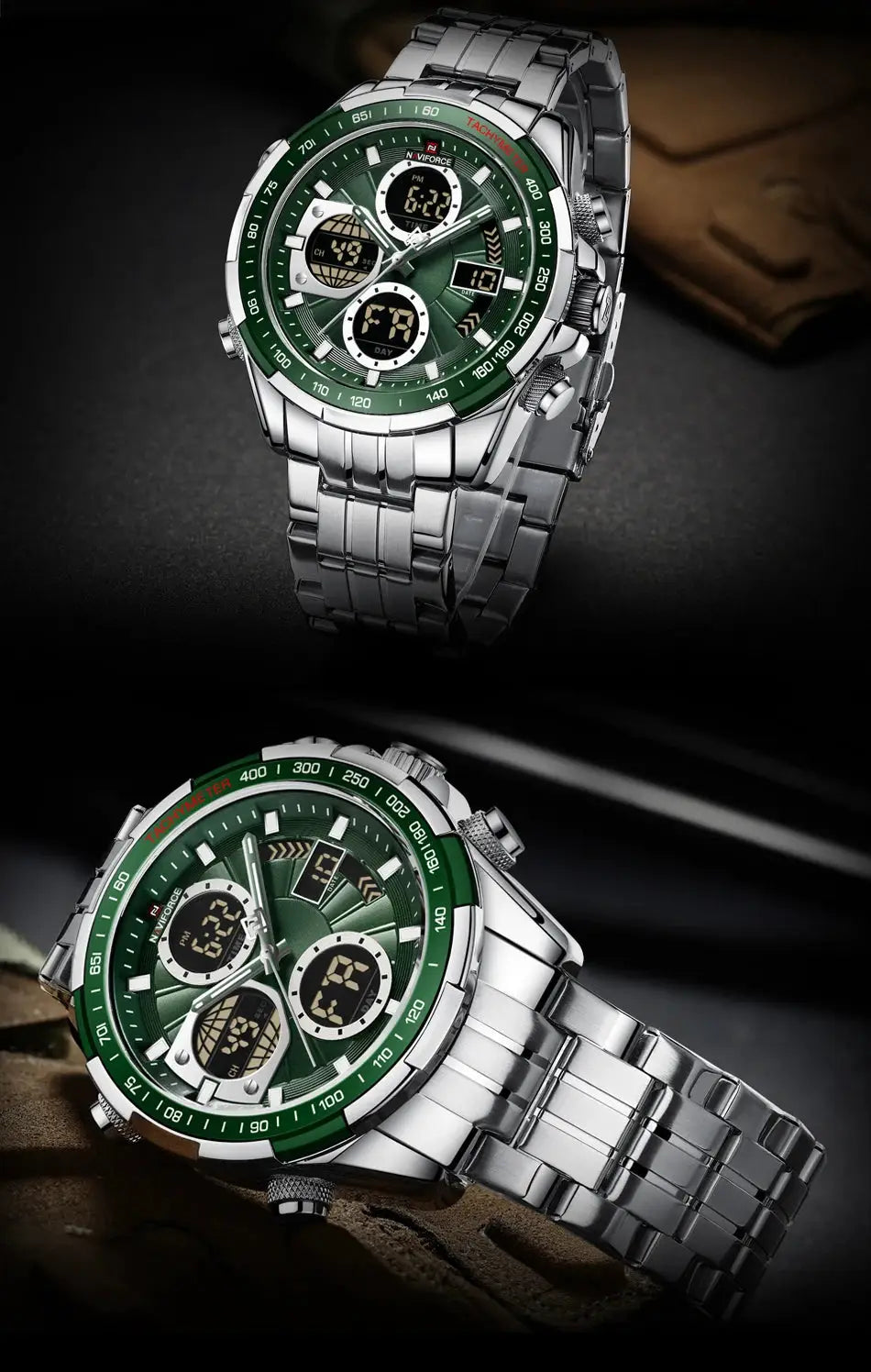 NAVIFORCE men's wristwatches (2) with green bezel, stainless steel band, dual-display dial