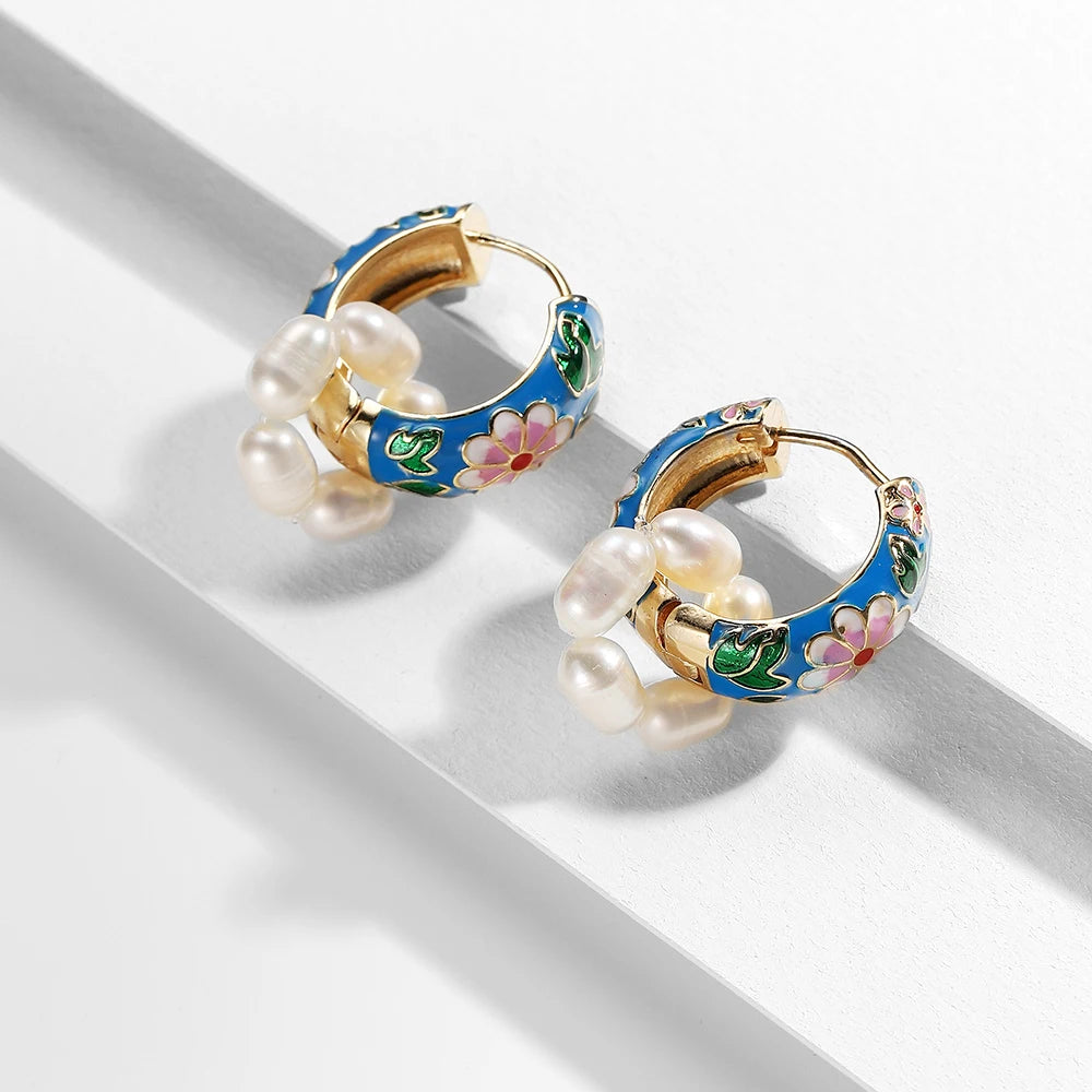 Simples Market pair of enamel flower huggie hoop earrings with blue enamel and pink flower design, pearl dangles