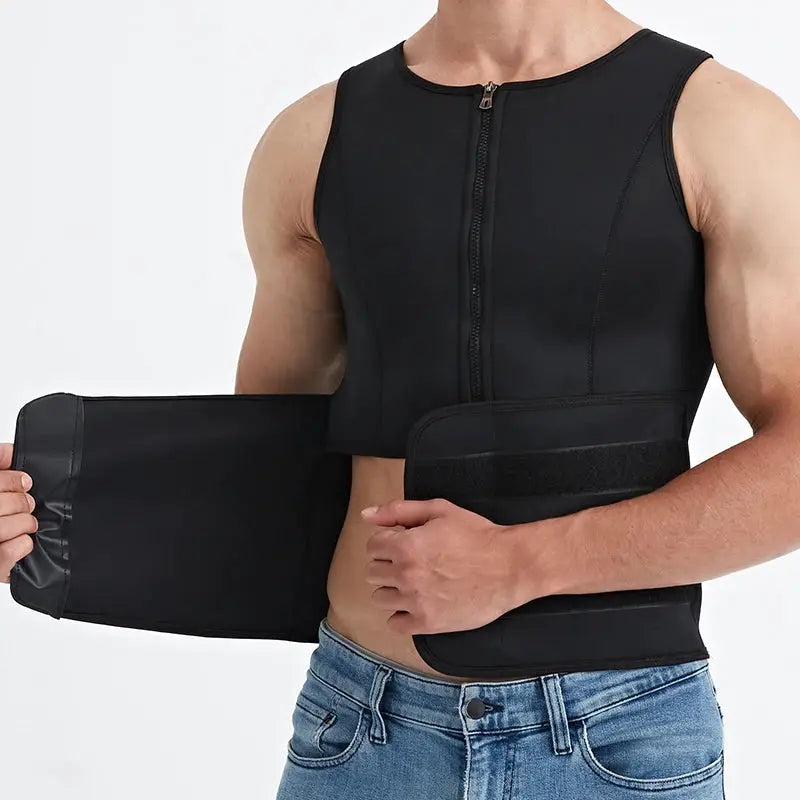 Men's black two-piece waist trainer set with zip-front vest and Velcro waist belt
