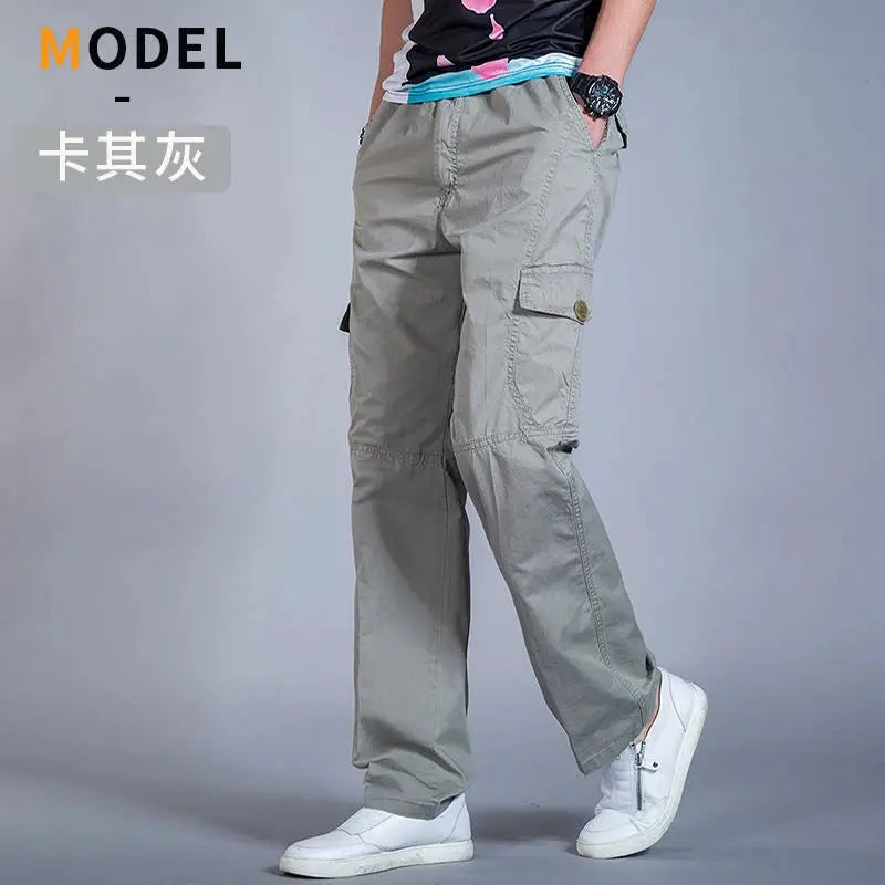 Men's gray cotton cargo pants with side flap pockets, casual workwear trousers