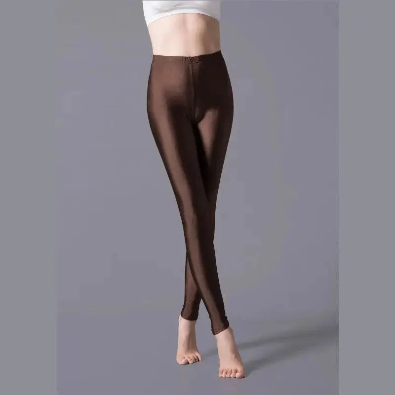 Women's shiny brown leggings, solid color metallic spandex with high elasticity