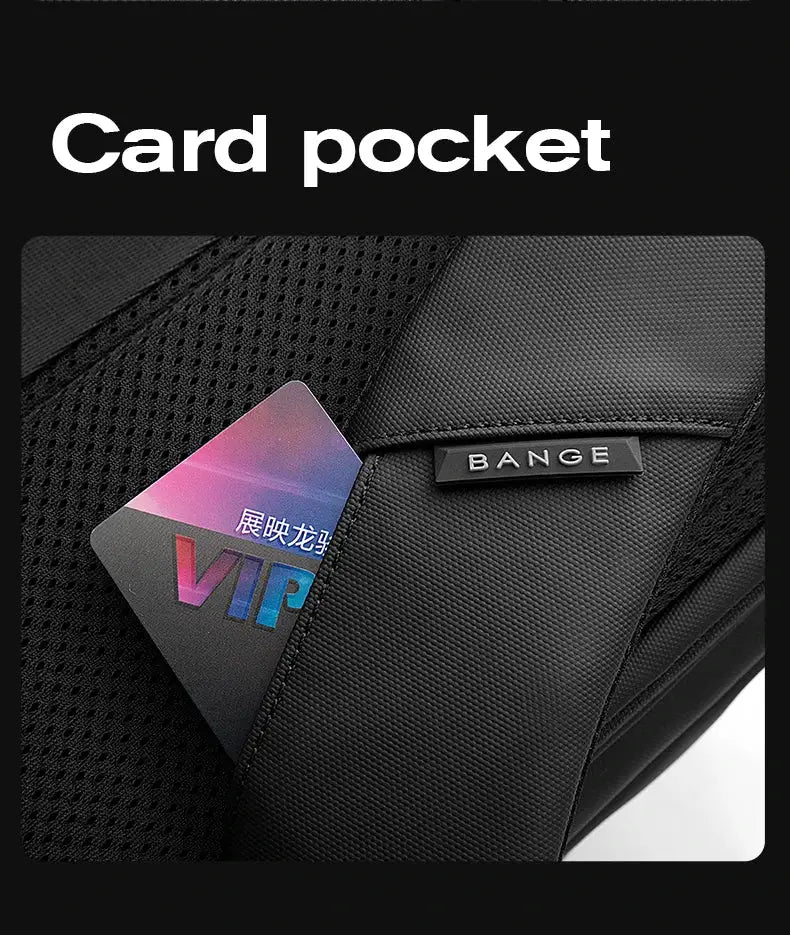 BANGE anti-theft waterproof laptop backpack with card pocket in black, textured strap detail