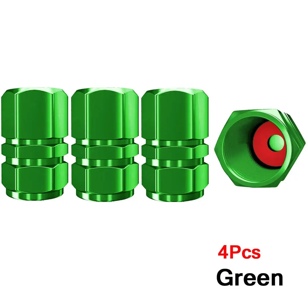 Valve caps for car wheels, green aluminum alloy, 4-piece set