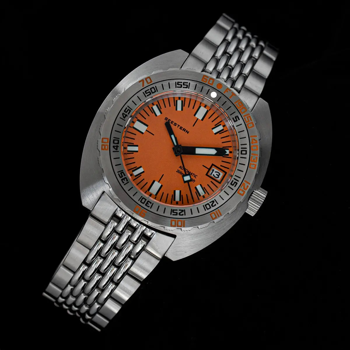 Seestern diver watch with orange dial and stainless steel bracelet, automatic, sapphire crystal, 200m