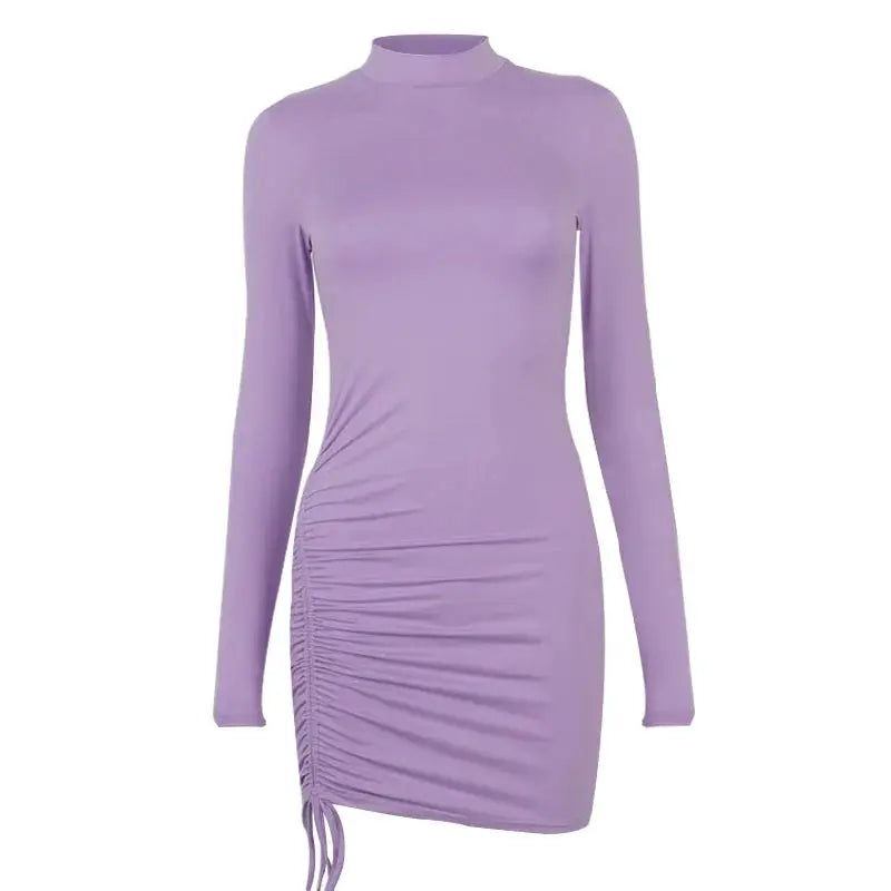 Long Sleeve Ruched Bodycon Dress For Women Turtleneck Black Bandage
