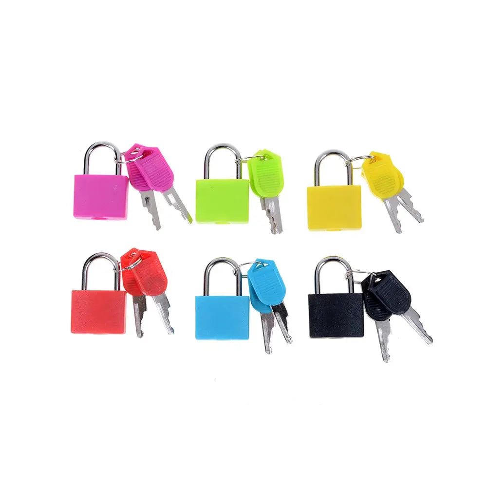 Mini steel padlock set of six padlocks, in six colors, travel-ready with two keys each.