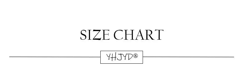 Size chart graphic with YHJVD logo centered on a white background
