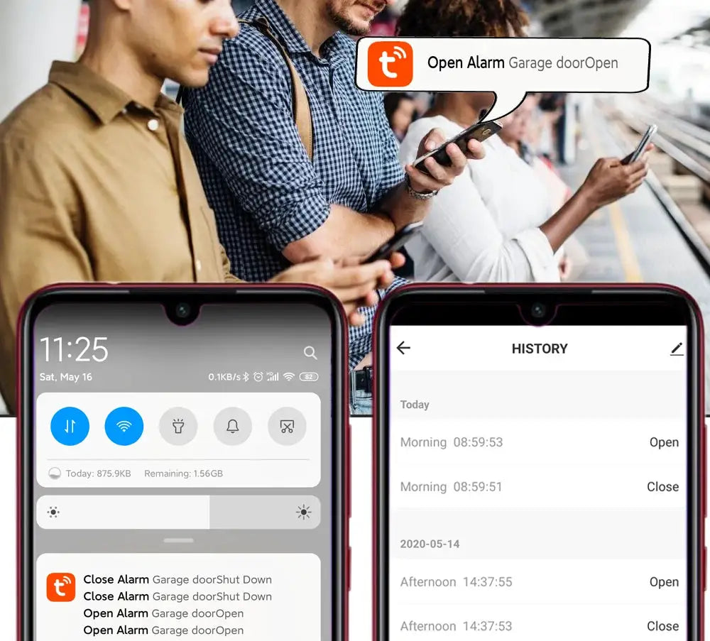 Smart Garage Door Opener by Simples Market with Tuya Smart Life app control, no hub needed, shown on two smartphones