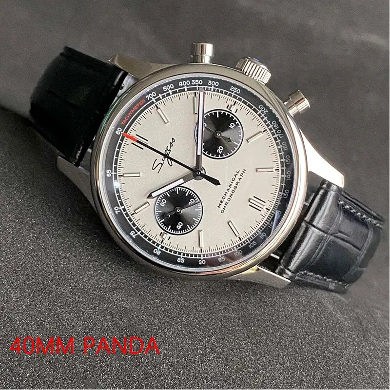 Panda-dial chronograph wristwatch, 40mm stainless steel case, tachymeter bezel, black leather strap.