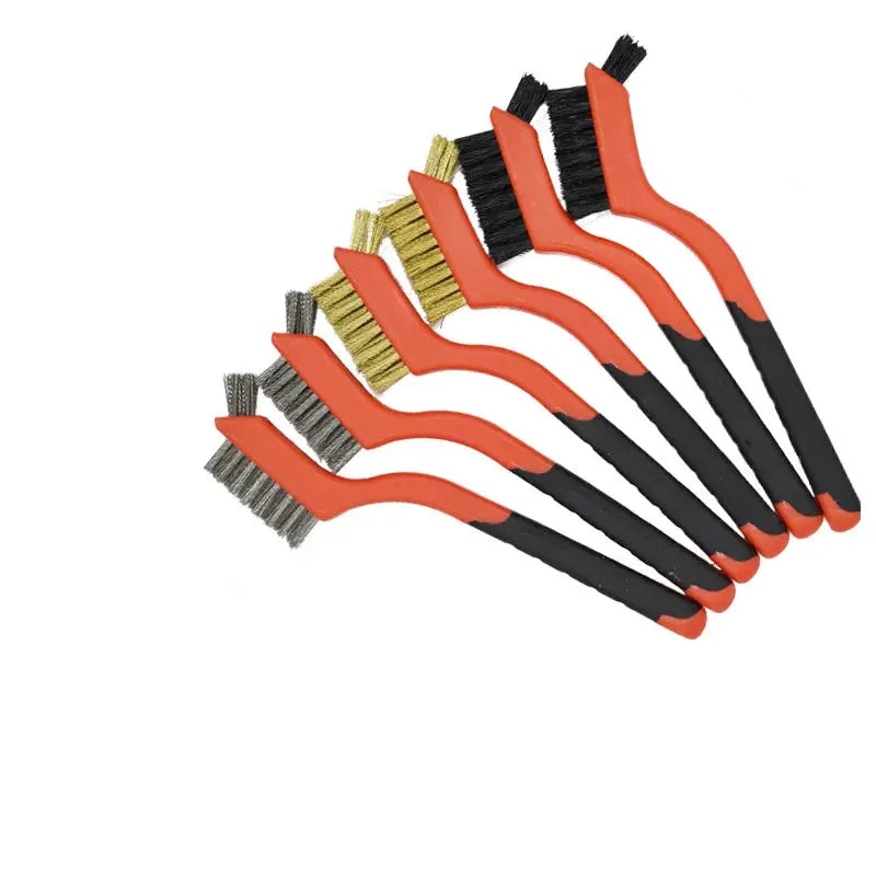 Six-piece 7in stainless steel brush set with brass and steel bristles, orange and black handles