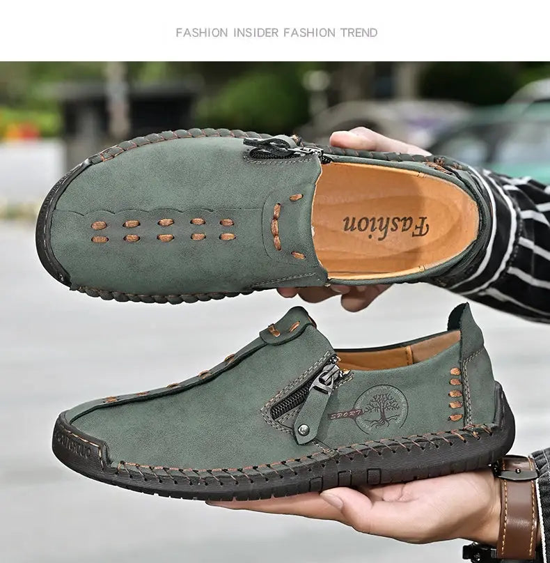 Leather men's casual slip-on loafers, olive green with hand-stitched seams and side zipper