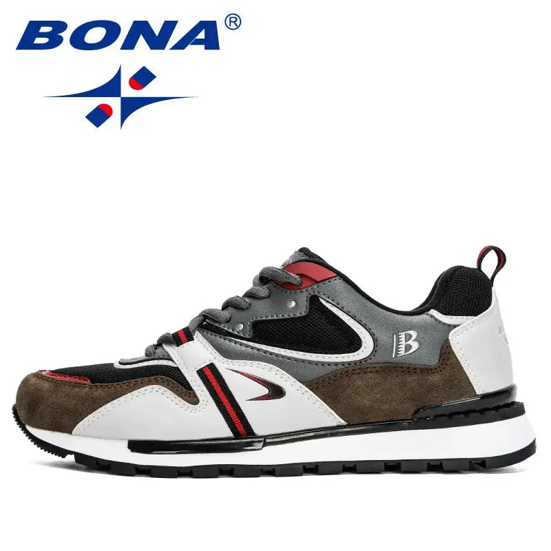 BONA New Designers Action Leather Sport Shoes for Men, grey, white and brown suede with red accents