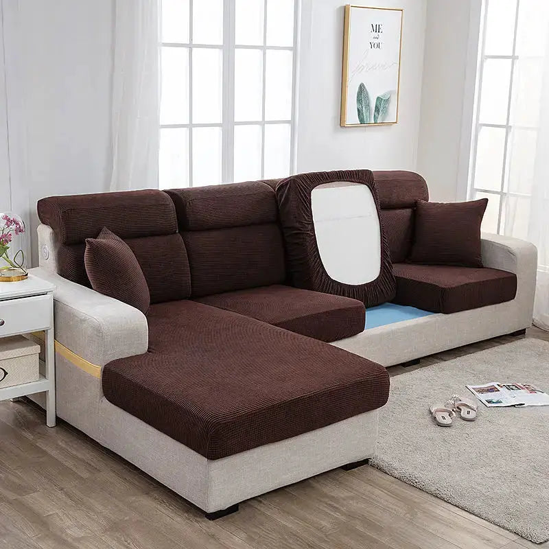Sofa seat cover set by Simples Market in solid brown elastic fabric for L-shaped sectional, dustproof.