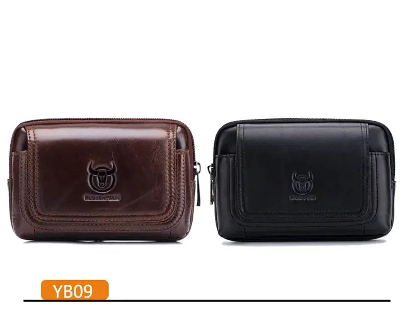 BullCaptain men's leather belt waist bags set of 2 in brown and black, MOLLE-compatible small money phone pouches.