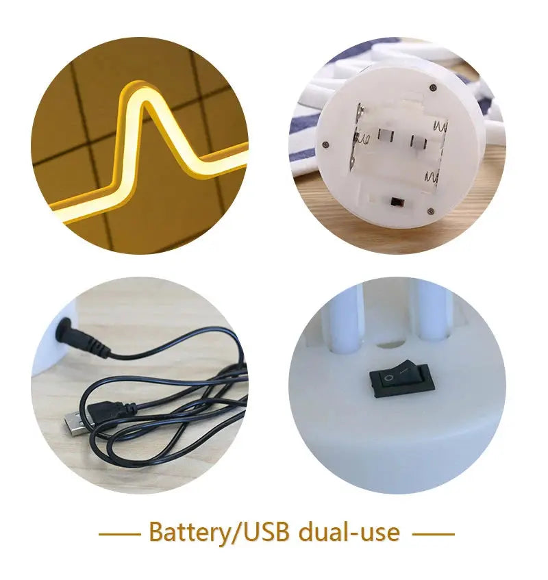 Neon sign LED decoration lamp for home/kid room; USB and battery power, on/off switch, cable