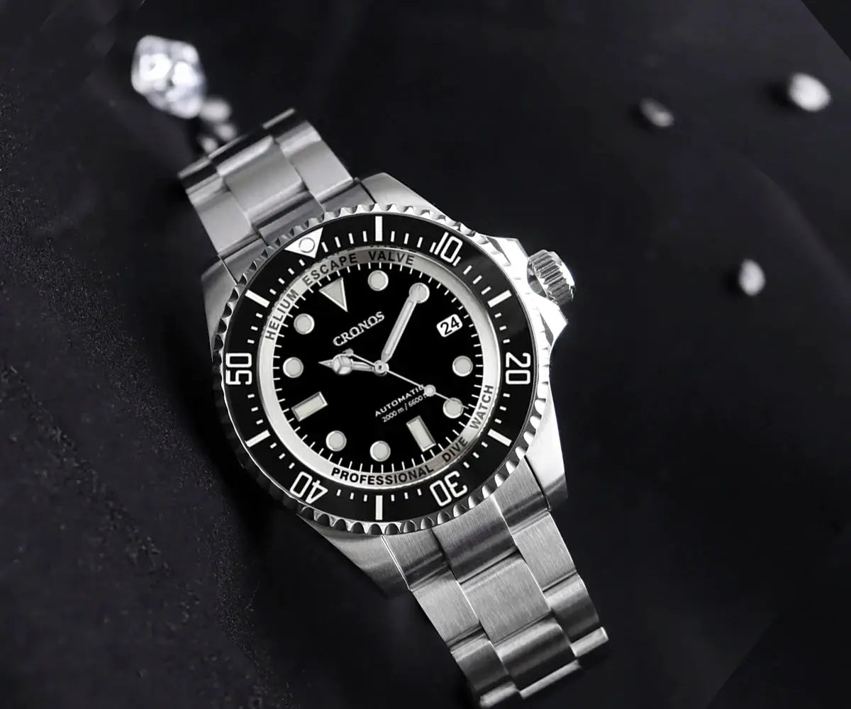 Cronos automatic diver watch with stainless steel bracelet, black dial, 2000m water resistance