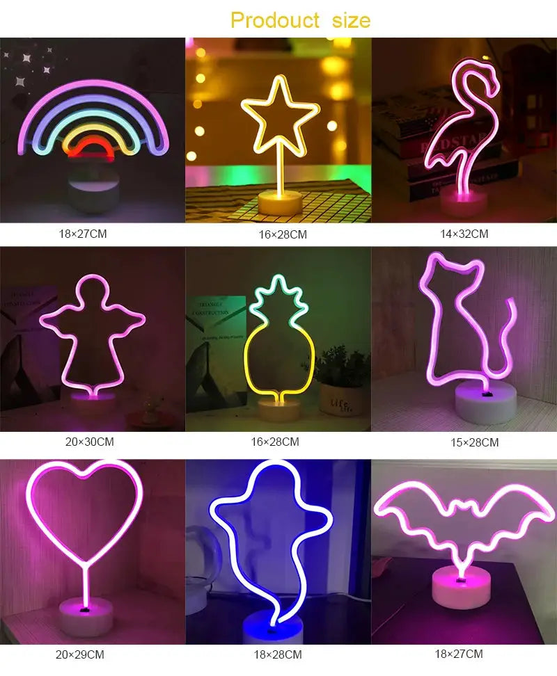 Simples Market USB neon sign set with rainbow, star, unicorn, flamingo, moon, pineapple, heart in pink/yellow/blue