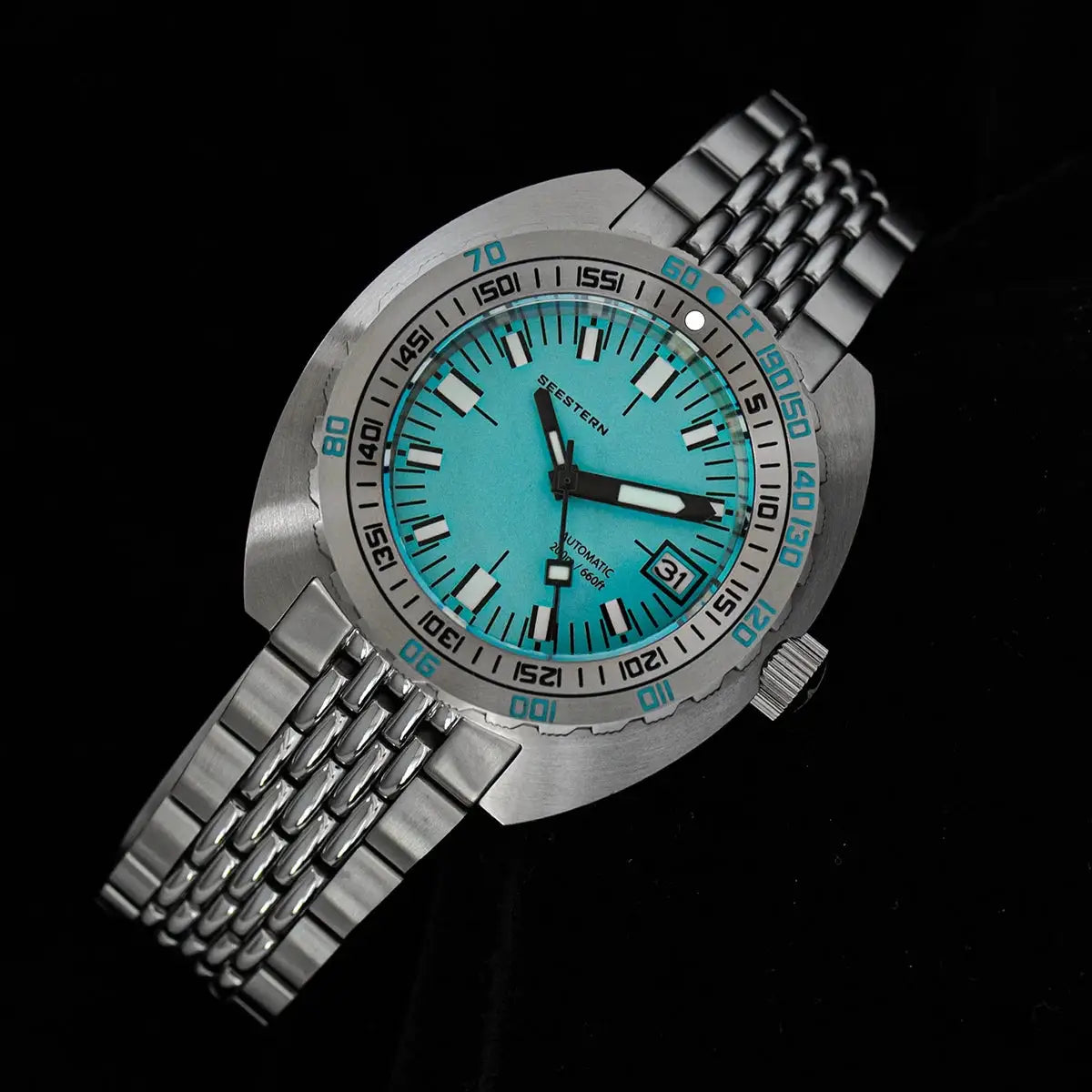 Seestern diver watch with turquoise dial, stainless steel bracelet, automatic movement, sapphire glass, 200m