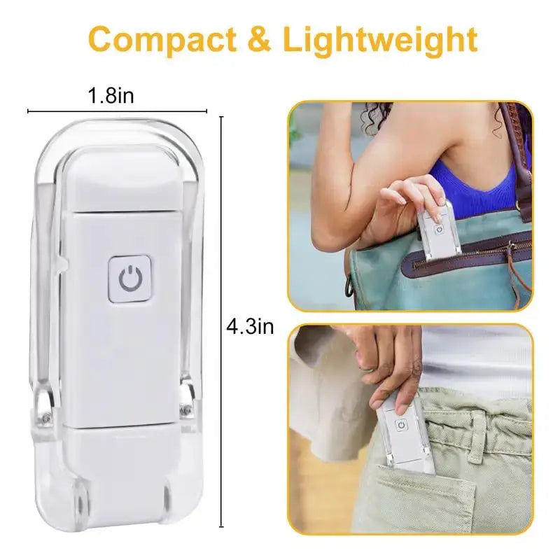 Simples Market LED USB rechargeable book light; compact white clip-on reading lamp for books and bags.