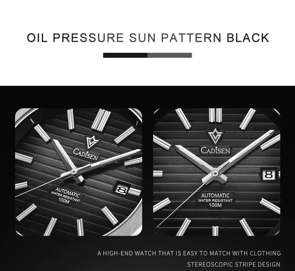 CADISEN diver watch with black textured dial, silver indices, date window, automatic, 100M water resistant, 2 views