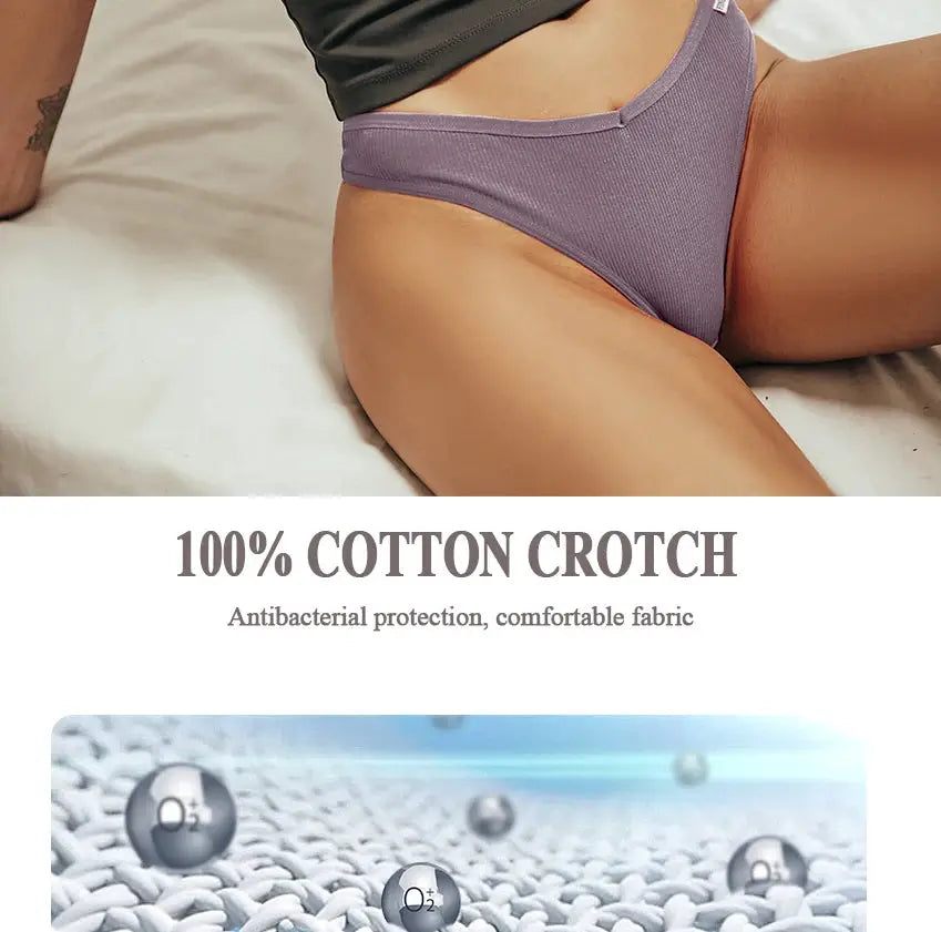 Purple cotton panties on a model; part of a 5-piece women's underwear set with cotton crotch.