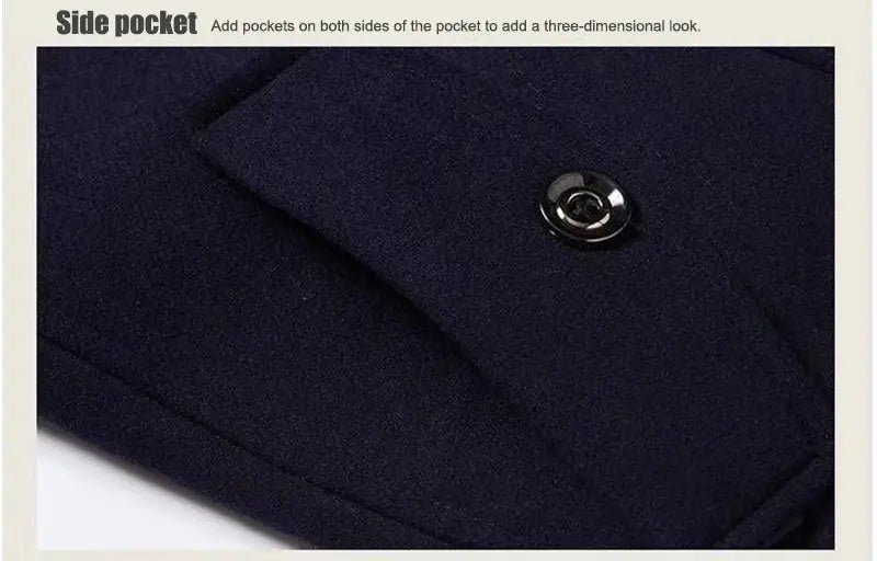 Men's navy wool winter coat by Simples Market; mid-length overcoat with button detail