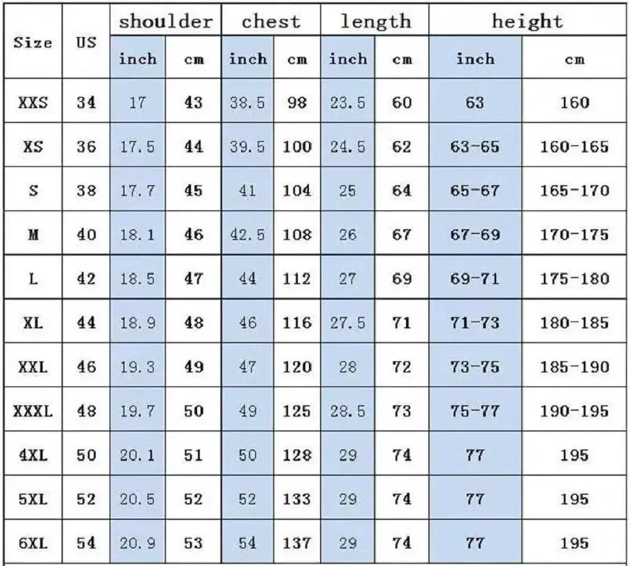 Men's vest size chart showing shoulder, chest, length and height measurements by size.