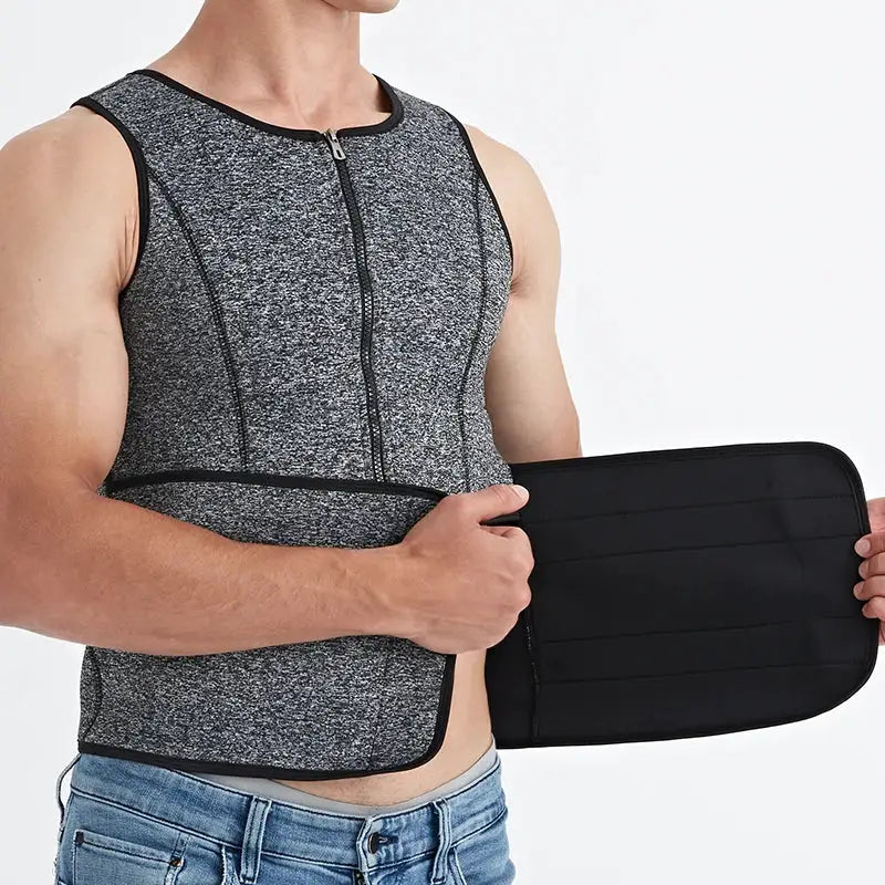 Simples Market two-piece men's body shaper set: gray zippered sauna vest and black waist trainer belt for slimming.
